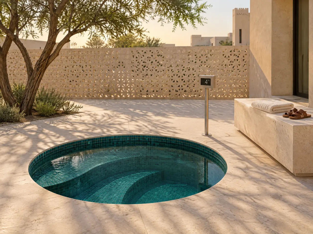 Round teal-mosaic cold plunge pool set flush into limestone paving in a villa courtyard, with a slim display post at the rim reading 4°