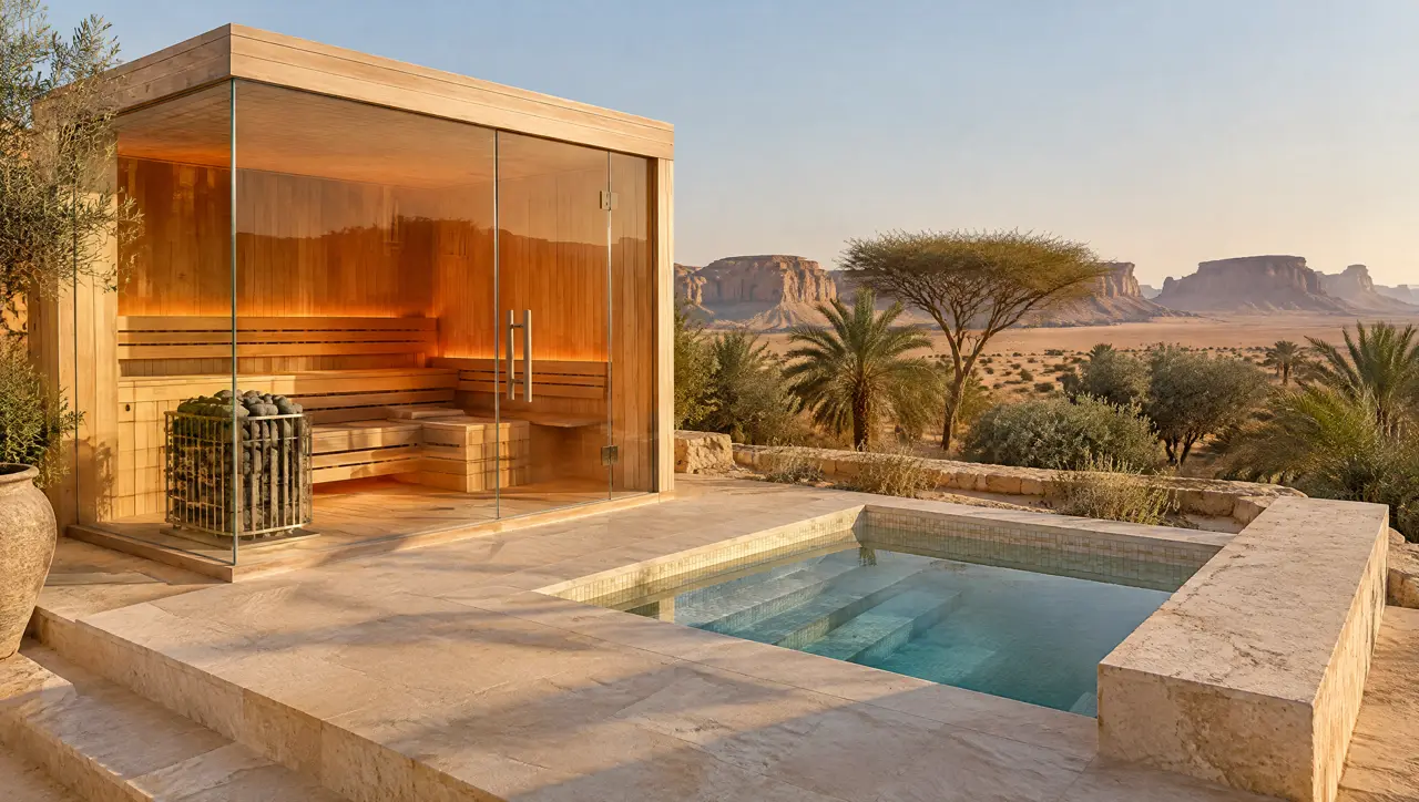 Desert-edge terrace in the Saudi interior at golden hour with a glass-cornered cedar sauna and a stepped square cold plunge pool on sandstone paving, with sandstone mesas, an acacia tree and date palms on a long horizon