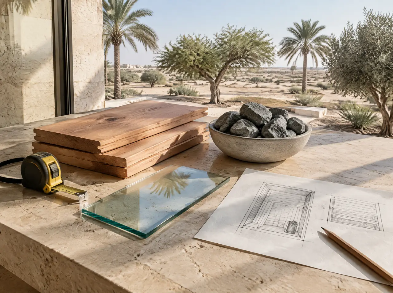 Flat-lay on a workbench with a tape measure, cedar boards, a sheet of toughened glass, grey sauna stones in a bowl and a sauna plan sketch