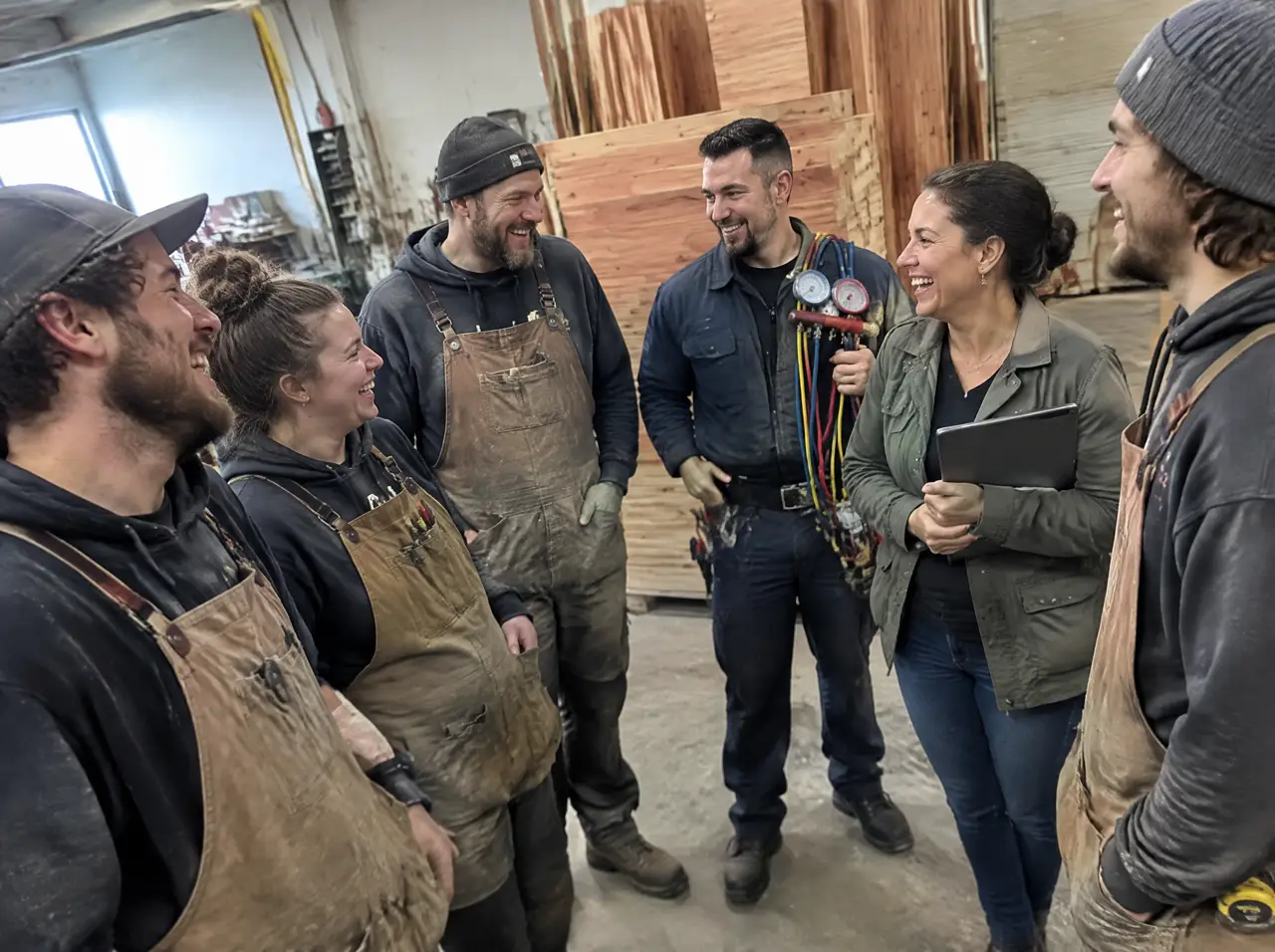 Six-person workshop team of carpenters, a refrigeration technician and a woman project manager standing in front of stacked cedar panels, laughing mid-joke