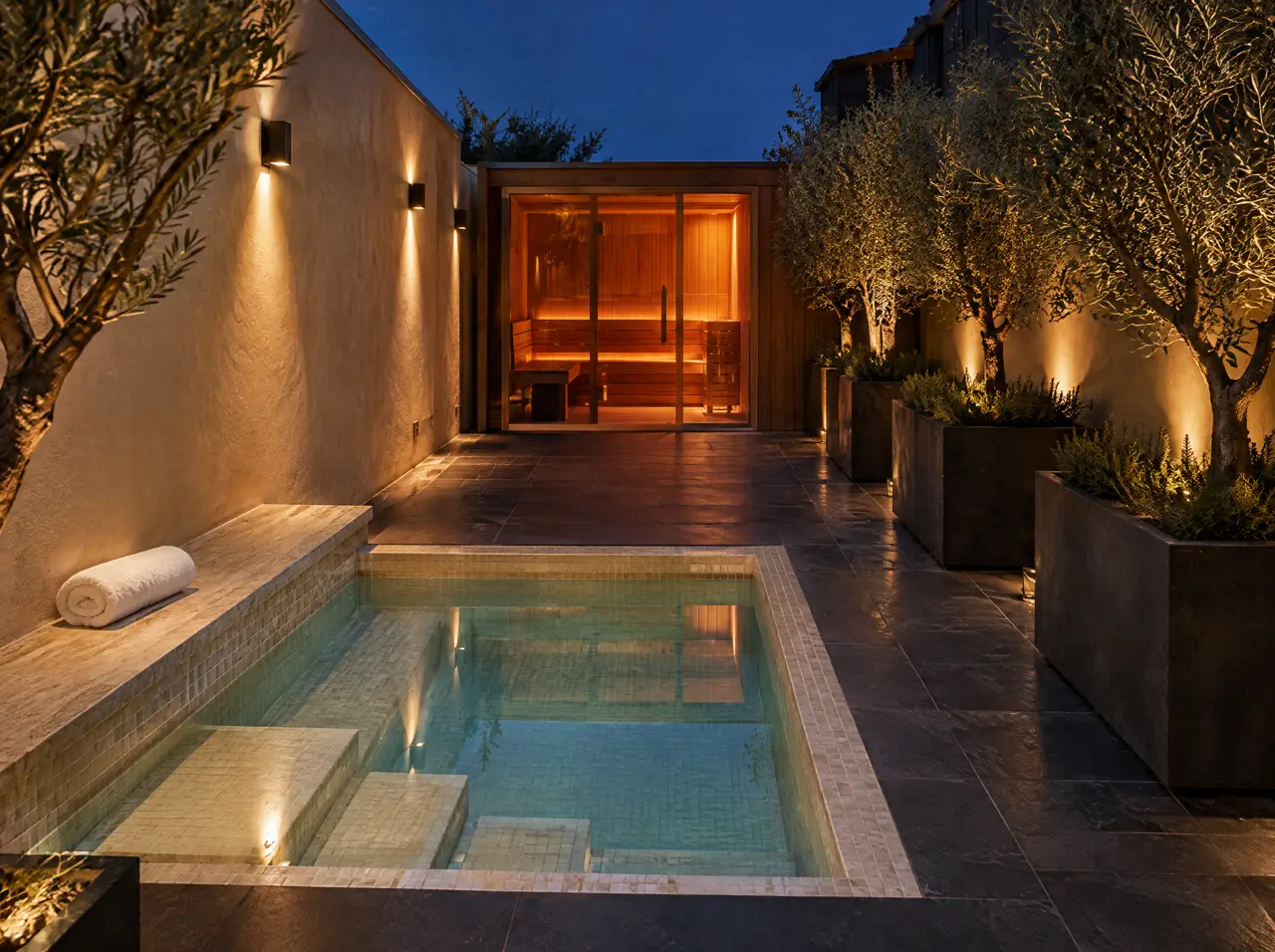 Square cold plunge pool with a travertine seat edge in a hotel spa courtyard at dusk