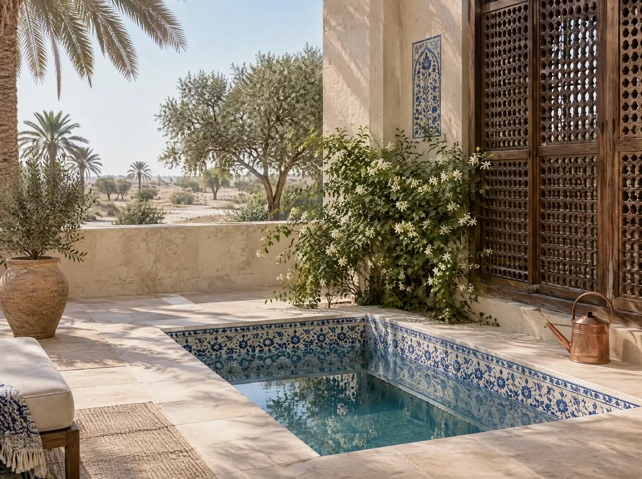 Tiled cold plunge pool beside a timber screen in a villa courtyard