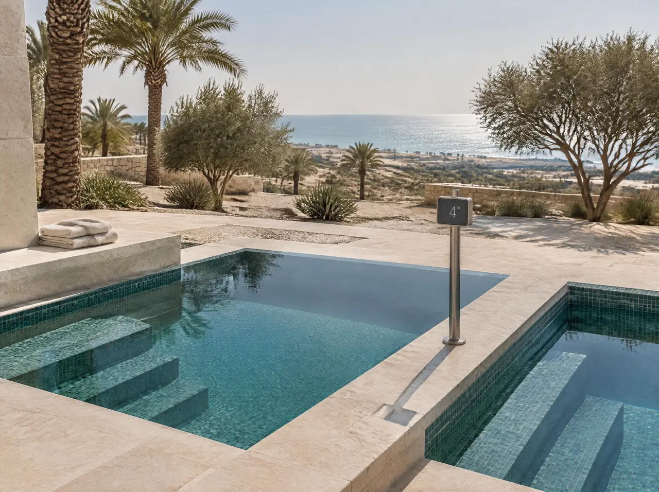 Two adjacent small cold plunge pools in a limestone hotel deck with teal mosaic, steps and a slim display unit