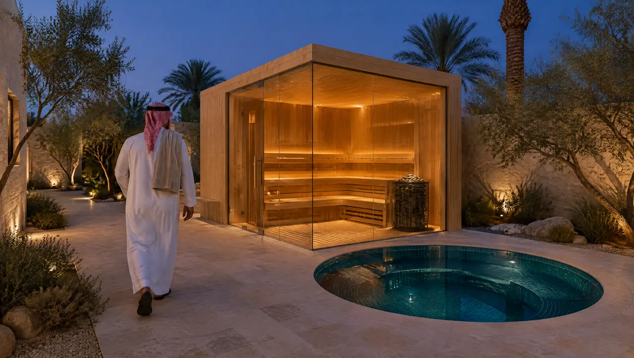 A villa garden in Riyadh at dusk with a glass-cornered sauna and a round cold plunge pool