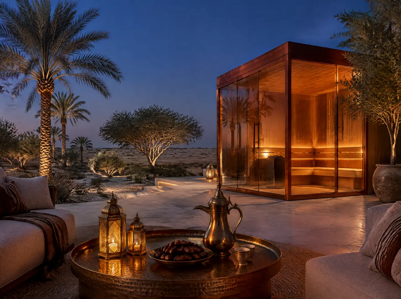 Villa terrace at dusk with brass lanterns on a low table, a dallah coffee pot and a plate of dates, and a glass-cornered cedar sauna glowing copper behind