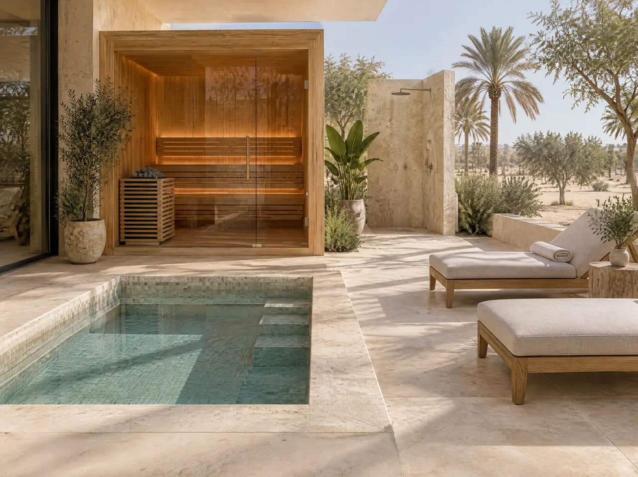 Villa wellness suite with a glass-front sauna, a small cold pool, two loungers and a rain shower in soft daylight