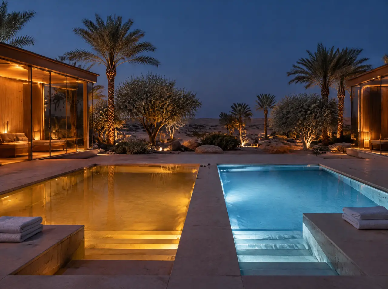 Warm and cold pools side by side in dark teal tile, lit amber and pale blue