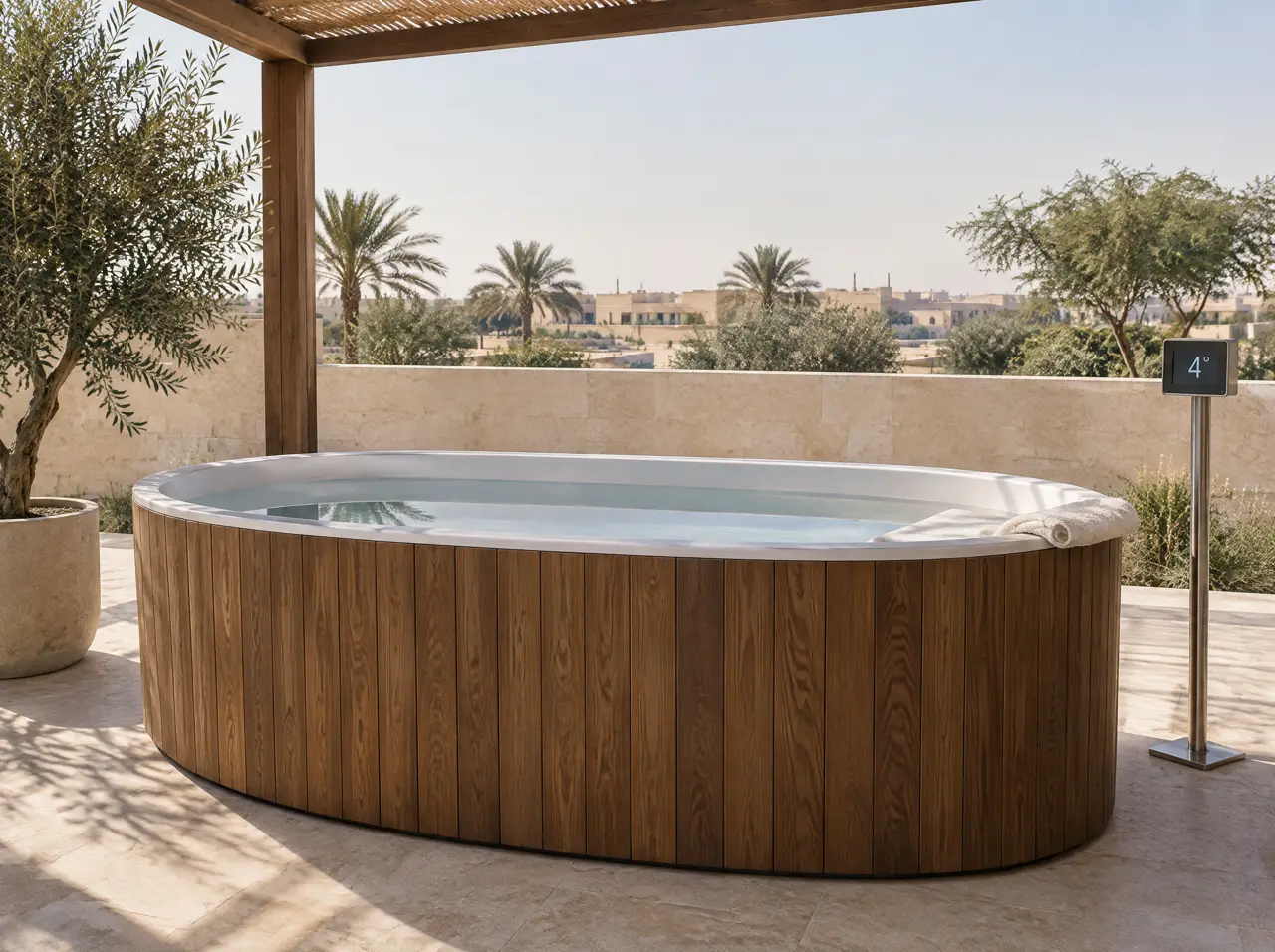 Wide oval timber cold plunge tub with a white liner on a shaded limestone patio under a pergola, with a slim temperature display beside it