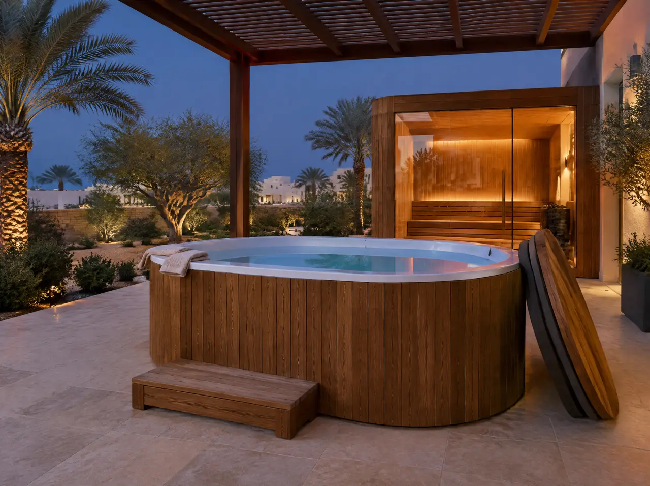 Wide oval hot tub clad in vertical thermo-ash staves with a white liner visible above the waterline, a timber step and an insulated cover leaning beside it, under a pergola in a villa courtyard at blue hour with a glass-fronted sauna behind